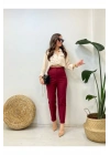 Kadın Bordo Yüksek Bel Önü Pensli Havuç Kesim Bilek Boy Klasik Ofis Kumaş Pantolon