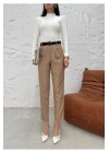 Kadın Camel Yüksek Bel Kemerli Pileli Cepli Bilek Boy Havuç Kesim Klasik Kumaş Pantolon