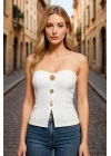 Kadın Ekru Straplez Önü Yırtmaçlı Aksesuar Düğmeli Ottoman Kumaş Fitilli Büstiyer Bluz
