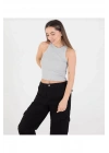 Kadın Gri Halter Yaka Fitilli Kaşkorse Sporcu Basic Düz Günlük Yazlık Crop Atlet