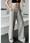 Kadın Gri Yüksek Bel Lastikli Bağcıklı Cepli Dökümlü Geniş Paça Palazzo Keten Pantolon