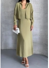 Kadın Haki Dokuma Kumaş Crop Gömlek ve U Yaka İp Askılı Uzun Elbise İkili Takım