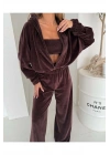 Kadın Kahve Fransız Kadife Kapüşonlu Hırka Straplez Büstiyer ve Pantolon 3lü Eşofman Takımı