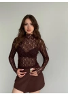 Kadın Kahverengi Yarım Balıkçı Yaka Uzun Kollu Vücudu Saran Transparan Dantel Tül Body Bluz