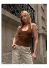 Kadın Kahverengi Halter Yaka Derin U Kesim Sırtı Açık Fitilli Ribana Basic Atlet Bluz