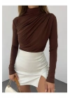 Kadın Kahverengi Yarım Balıkçı Yaka Tek Omuzu Drapeli Uzun Kollu Vücudu Saran Body Bluz
