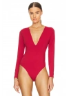 Kadın Kırmızı Derin V Yaka Uzun Kollu Çift Kat Sandy Kumaş Basic Tanga Bodysuit
