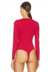 Kadın Kırmızı Derin V Yaka Uzun Kollu Çift Kat Sandy Kumaş Basic Tanga Bodysuit