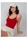 Kadın Kırmızı İp Askılı U Yaka Vücudu Saran Sandy Kumaş Tanga Basic Bodysuit
