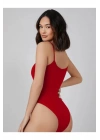 Kadın Kırmızı İp Askılı U Yaka Vücudu Saran Sandy Kumaş Tanga Basic Bodysuit