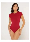 Kadın Kırmızı Kısa Kol Bisiklet Yaka Vücudu Saran Sandy Kumaş Basic Tanga Bodysuit
