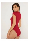 Kadın Kırmızı Kısa Kol Bisiklet Yaka Vücudu Saran Sandy Kumaş Basic Tanga Bodysuit