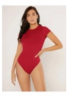 Kadın Kırmızı Kısa Kol Bisiklet Yaka Vücudu Saran Sandy Kumaş Basic Tanga Bodysuit