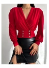 bysoca Kadın Kırmızı Kruvaze Yaka Gümüş Düğmeli Korsajlı Vatkalı Uzun Balon Kollu Bluz