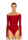 Kadın Kırmızı Straplez Madonna Yaka Düşük Omuz Uzun Kollu Tanga Kesim Esnek Sandy Bodysuit