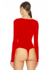Kadın Kırmızı U Yaka Uzun Kollu İpek Jarse Vücudu Saran Basic Tanga Bodysuit