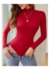 Kadın Kırmızı Uzun Kollu Balıkçı Yaka Vücudu Saran Sandy Kumaş Basic Tanga Bodysuit