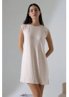 Kadın Bej Oversize Kolsuz Bisiklet Yaka Basic Viskon Kısa İçlik Tunik Elbise