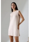 Kadın Bej Oversize Kolsuz Bisiklet Yaka Basic Viskon Kısa İçlik Tunik Elbise