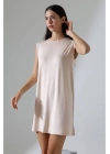Kadın Bej Oversize Kolsuz Bisiklet Yaka Basic Viskon Kısa İçlik Tunik Elbise
