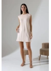 Kadın Bej Oversize Kolsuz Bisiklet Yaka Basic Viskon Kısa İçlik Tunik Elbise