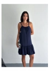 Kadın Lacivert İp Askılı Sırtı Açık Eteği Fırfırlı Pamuklu Mini Yazlık Elbise