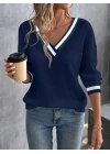 Kadın Lacivert V Yaka Çizgili Düşük Omuz Uzun Kollu Waffle Kumaş Triko Kazak Bluz