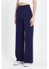 bysoca Kadın Lacivert Yüksek Bel Cepli Palazzo Geniş Paça Krep Kumaş Günlük Pantolon Eşofman Altı