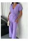 bysoca Kadın Lila V Yaka Düğmeli Cepli Beli Kuşaklı Kısa Kollu Bol Paça Palazzo Keten Kumaş Tulum