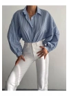 Kadın Mavi Dikey Çizgili Balon Kollu Oversize Poplin Gömlek