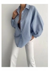 Kadın Mavi Dikey Çizgili Balon Kollu Oversize Poplin Gömlek