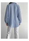 Kadın Mavi Dikey Çizgili Balon Kollu Oversize Poplin Gömlek