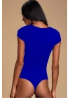 Kadın Mavi Göğüs Dekolteli V Yaka Detaylı Kare Yaka Kısa Kol İpek Jarse Bodysuit