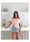 bysoca Kadın Pembe Carmen Yaka Düşük Omuz Asimetrik Kesim Ottoman Kumaş Günlük Crop Bluz