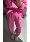 Kadın Pembe Oversize Yıkamalı Gabardin Gömlek ve Beli Lastikli Havuç Pantolon İkili Takım