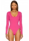 Kadın Pembe U Yaka Uzun Kollu İpek Jarse Vücudu Saran Basic Bodysuit
