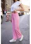 bysoca Kadın Pembe Yüksek Bel Beli Bağcıklı Gofre Kumaş Bol Paça Rahat Kesim Salaş Yazlık Pantolon