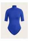 Kadın Saks Mavisi Balıkçı Yaka Kısa Kol İpek Jarse Vücudu Saran Basic Bodysuit
