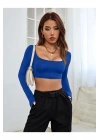 Kadın Saks Mavisi Geniş U Yaka Uzun Kollu Vücudu Saran Sandy Kumaş Basic Crop Top