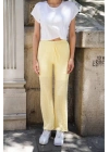 bysoca Kadın Sarı Yüksek Bel Beli Bağcıklı Gofre Kumaş Bol Paça Rahat Kesim Salaş Yazlık Pantolon
