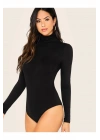Kadın Siyah Balıkçı Yaka Uzun Kollu Vücudu Saran Sandy Kumaş Basic Tanga Bodysuit