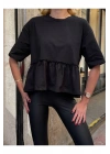 Kadın Siyah Bisiklet Yaka Kısa Kollu Eteği Büzgülü Volanlı Oversize Basic Tişört