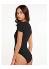 Kadın Siyah Bisiklet Yaka Kısa Kol İpek Jarse Vücudu Saran Basic Bodysuit