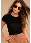 Kadın Siyah Bisiklet Yaka Kısa Kol Vücudu Saran Sandy Kumaş Basic Crop Top