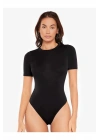 Kadın Siyah Bisiklet Yaka Kısa Kol Vücudu Saran Sandy Kumaş Basic Tanga Bodysuit