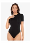 Kadın Siyah Bisiklet Yaka Kısa Kol Vücudu Saran Sandy Kumaş Basic Tanga Bodysuit