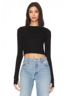 Kadın Siyah Bisiklet Yaka Uzun Kollu Parmak Geçmeli Çift Kat Sandy Kumaş Basic Crop Top