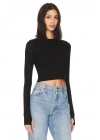 Kadın Siyah Bisiklet Yaka Uzun Kollu Parmak Geçmeli Çift Kat Sandy Kumaş Basic Crop Top