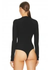 Kadın Siyah Derin V Yaka Uzun Kol Vücudu Saran Jarse Basic Tanga Bodysuit