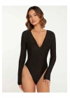 Kadın Siyah Derin V Yaka Uzun Kollu Vücudu Saran Sandy Kumaş Basic Bodysuit